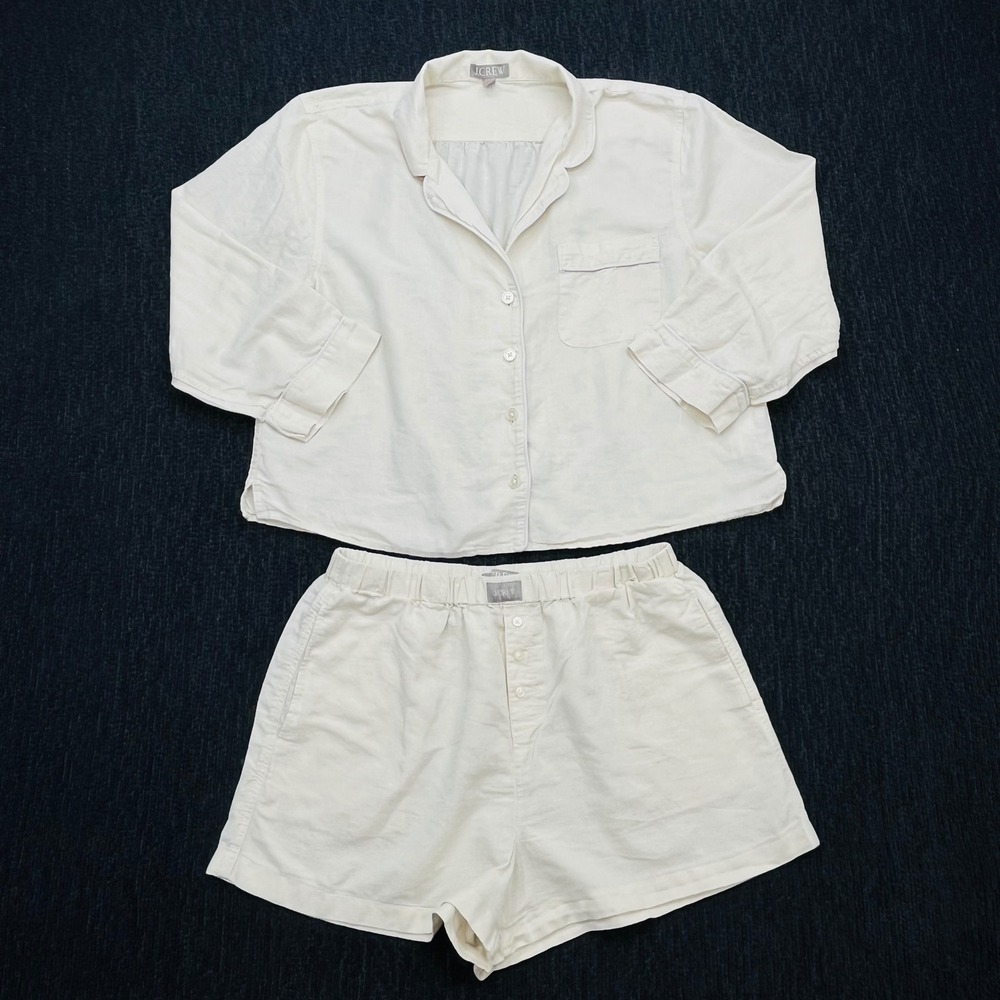J.Crew Women Cream Linen Cotton Pajama Set Button Down Top and Shorts Size M